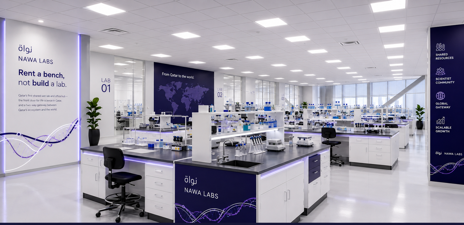 Concept view of the Nawah Labs shared laboratory floor: white benches under lavender task lighting, navy signage.